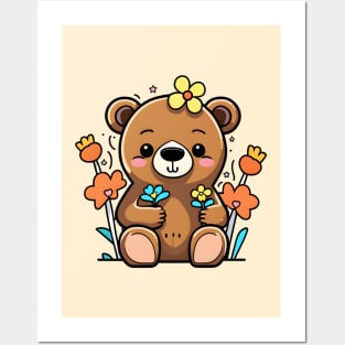 Kawaii Bear Sitting in Flowers Posters and Art